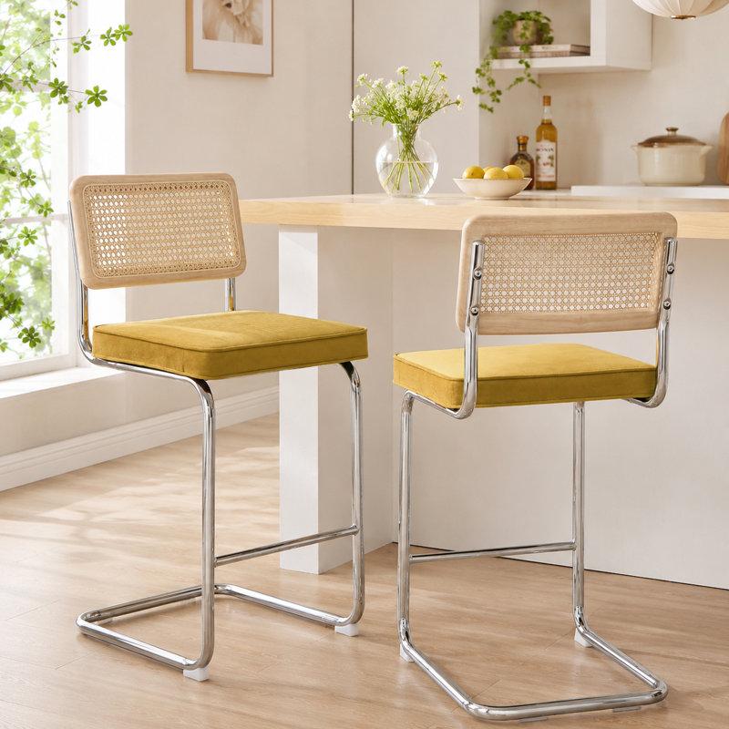 Tabouret de bar 26 po Marlow, Velours jaune / structure chromée, 2, Hauteur du siège de 26 po