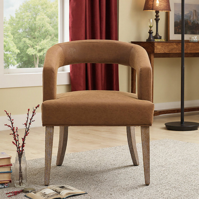 Fauteuil d'appoint moderne à dossier ouvert de 25,79 po de large avec pieds en bois patiné, revêtement en polyuréthane brun confortable