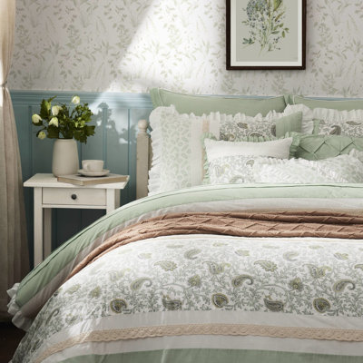 9 Piece Comforter King - Sage Cotton. Delicate Floral Decoration. Comprises Comforter, Shams, Euro Bed Skirt, And Decorative Pillows. All Season Warmth. Breathable Cotton . Color. Elegant Theme. With