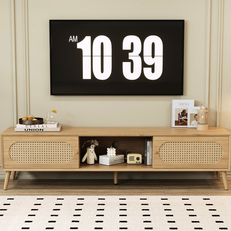 Meuble télé pour salon, compatible avec les téléviseurs de 70 à 79 pouces, pieds en bois massif, style décoratif avec rangement.