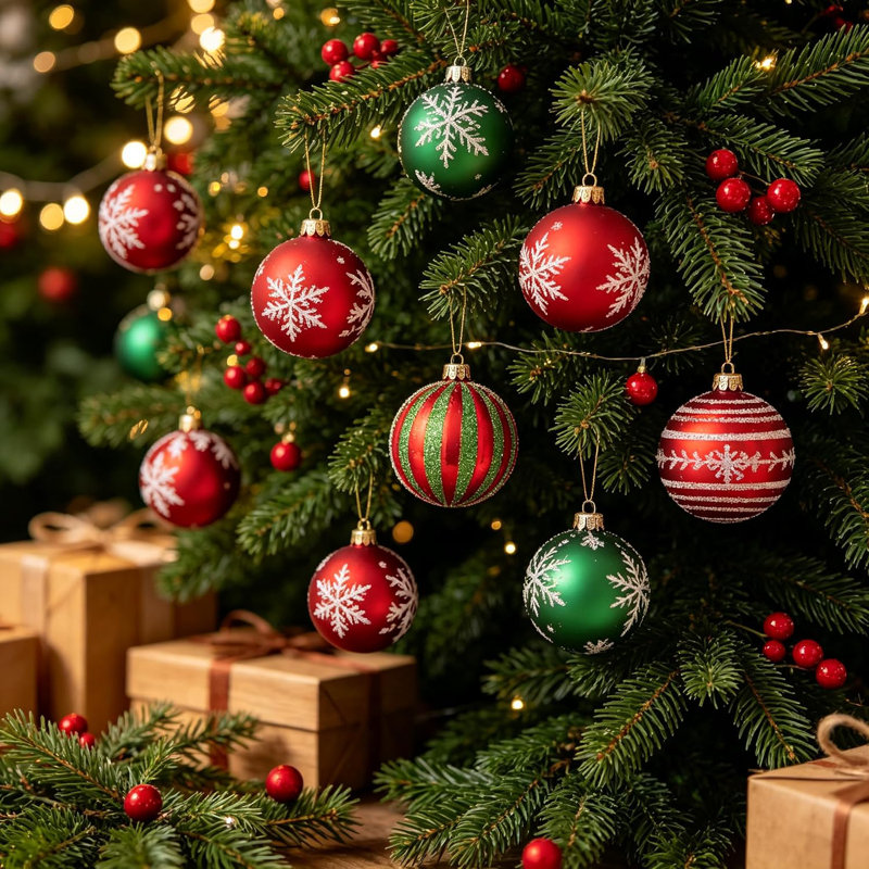 12 pièces de boules de Noël incassables - ensemble rouge et vert | plastique incassable; suspension instantanée pré-enfilée; conception légère adaptée aux branches; 12 pièces à texture mixte