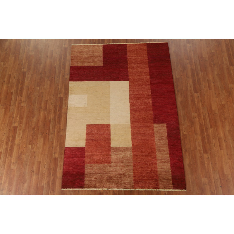 Tapis rouge / blanc / brun en laine noué à la main de conception unique 5 pi 8 po x 8 pi 2 po New Age