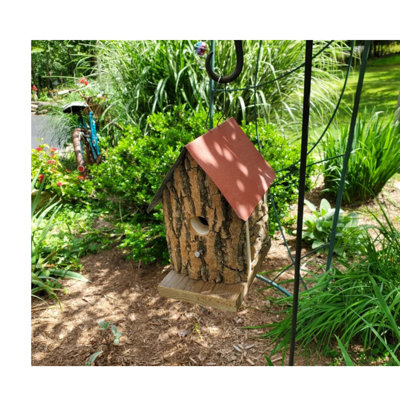 Brown Rustic Outdoor Garden Birdhouse – Amish-Made for Downy Woodpeckers and Wrens, Reclaimed Barkwood with a Durable Metal Roof
