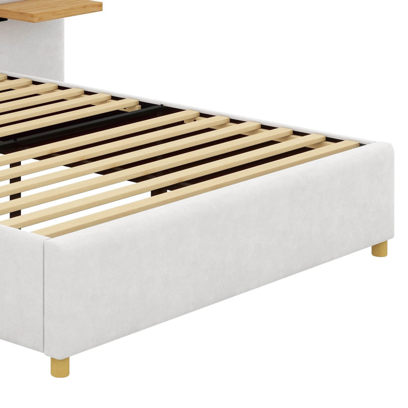 Upholstered Platform Bed With Two Outlets,USB Charging Ports, Two Bedside Pillows And Storage Shelves, Beige, Queen