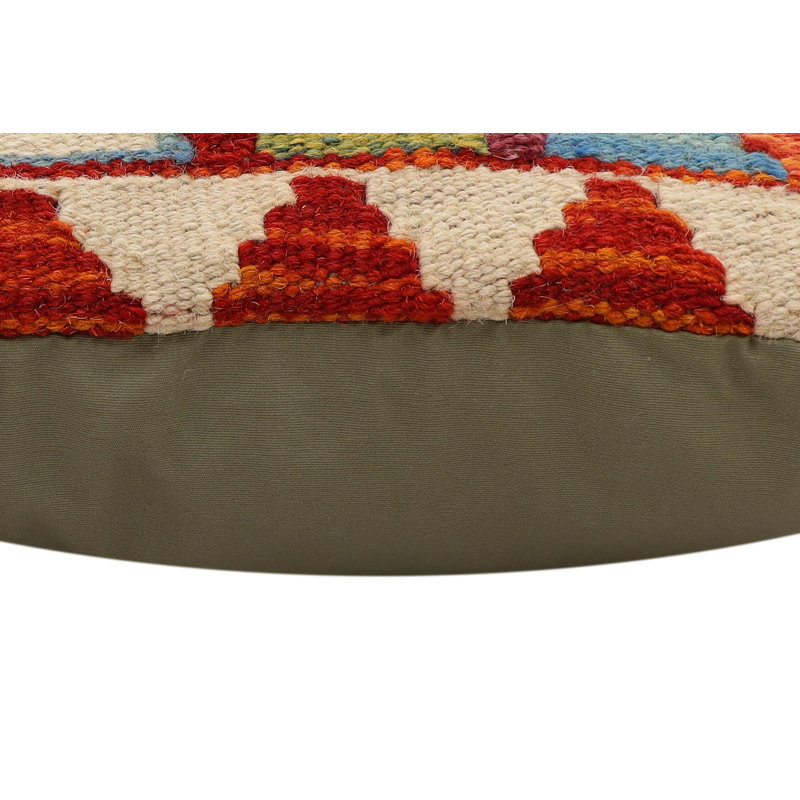 Coussin rustique en kilim tissé à la main Wilkie, Rouille / beige / bleu / vert géométrique 1, H 19 po x l 20 po