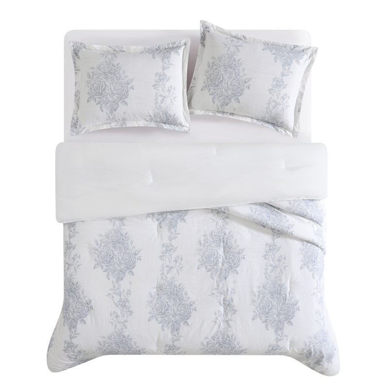 Toile Bouquet Comforter Set, King Comforter + 2 King Shams, Stonewash Floral