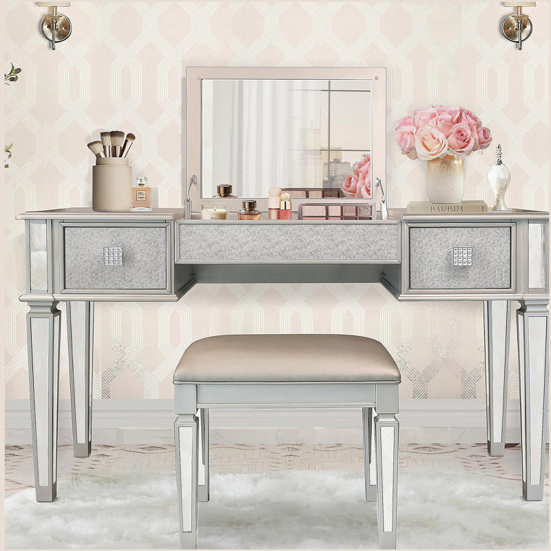 Bureau de coiffeuse en miroir avec tiroirs, ensemble de coiffeuse de chambre à coucher avec miroir et tabouret, coiffeuse rabattable pour chambre à coucher / salle de maquillage, bureau de travail pour femmes, ensemble de mobilier pour fille