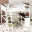 Grand lit mezzanine avec bureau, tablette ouverte et boîte de rangement en bois massif blanc, garde-corps pleine longueur, tablettes pratiques, instructions d'assemblage claires et robustes, mode de vie confortable