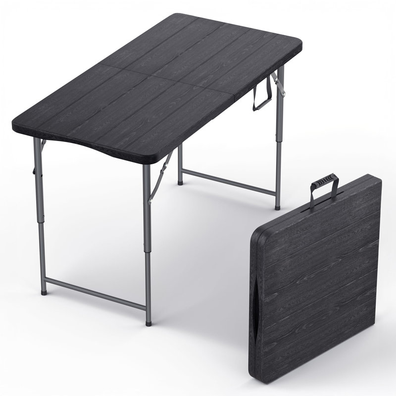 Table pliable noire de 4 pieds, hauteur réglable, poignée intégrée, pieds en acier, portable robuste, 4