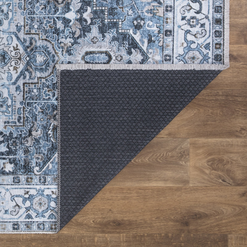 Washable Non-Slip Rug - Navy Blue Traditional Oriental Runner for Entryway, Hallway, Bathroom, and Kitchen, Runner 2'6" x 10'