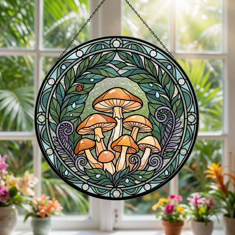 Mushroom Wreath Stained Glass Window Panel,12"H, H 12 po