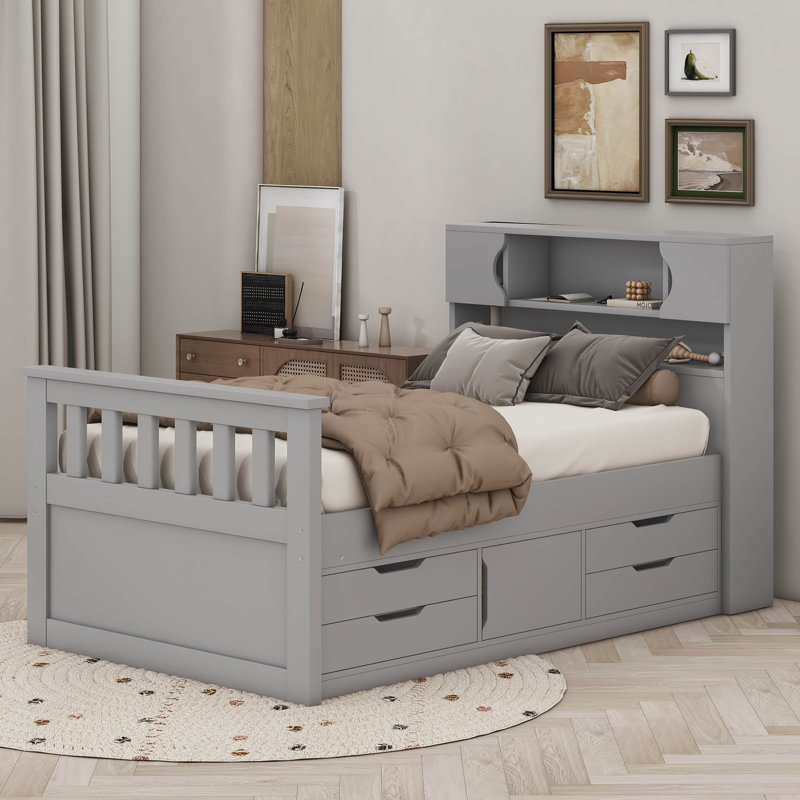 Twin Size Captain Platform Bed Frame With Shelves And Drawers