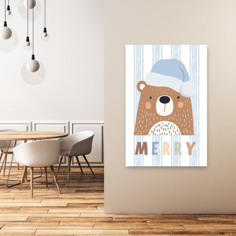 Merry Christmas Bear Whimsical Contemporary Bear Winter Wall Art Print by Mathieu - Wrapped Canvas Print