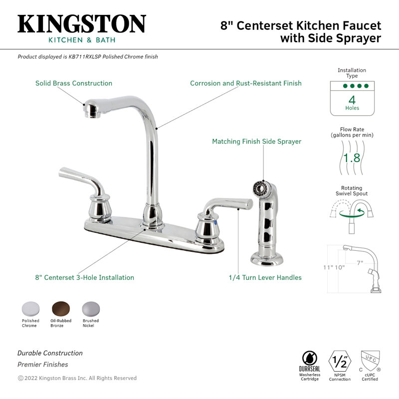 Kingston Brass Restoration Two-Handle 8" Centerset Kitchen Faucet, With Side Spray, Brushed Nickel