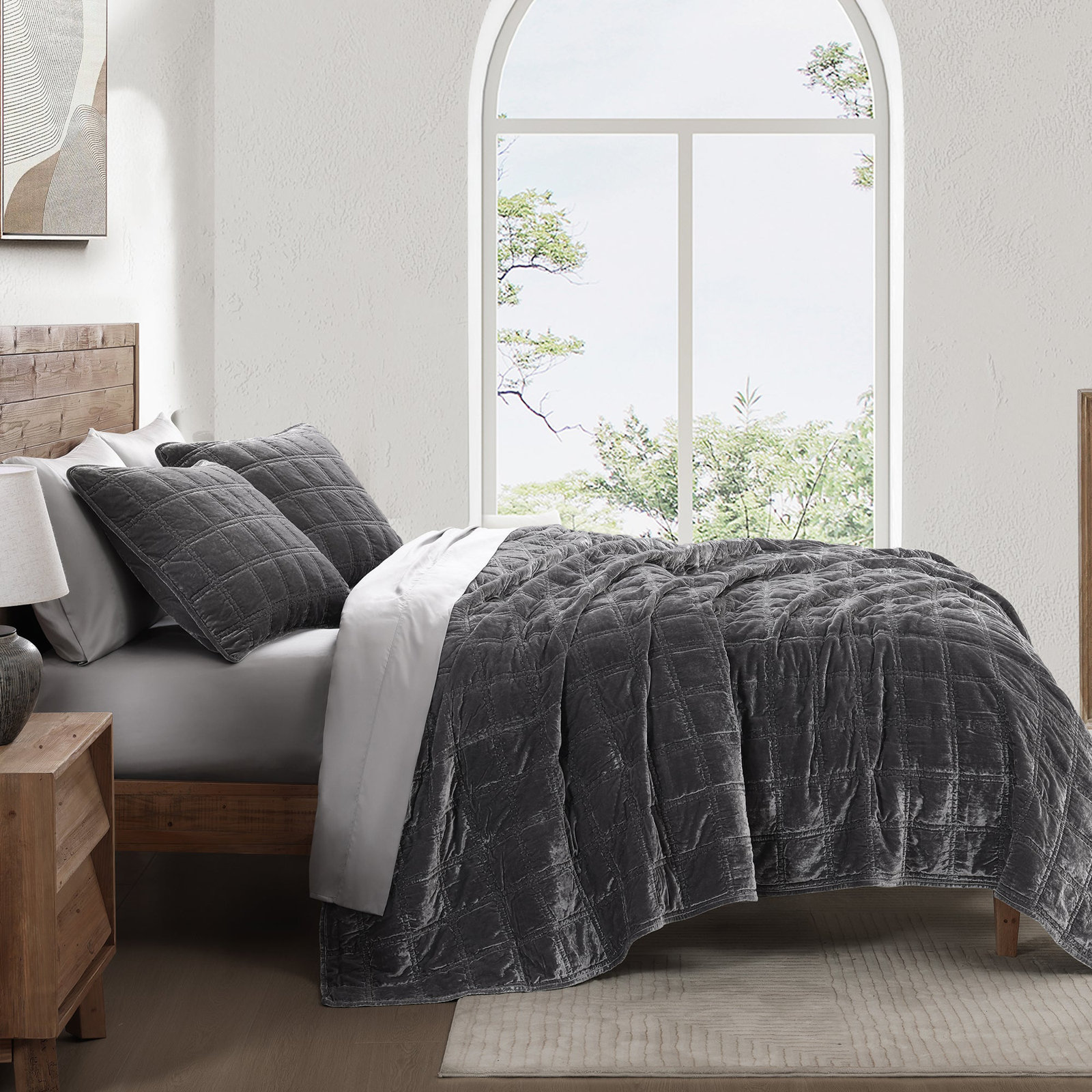 Stella Faux Silk Double Box Stitch Classic Chic Casual Modern Rustic Quilt Set, King Quilt + 2 King Pillowcases, Storm Blue