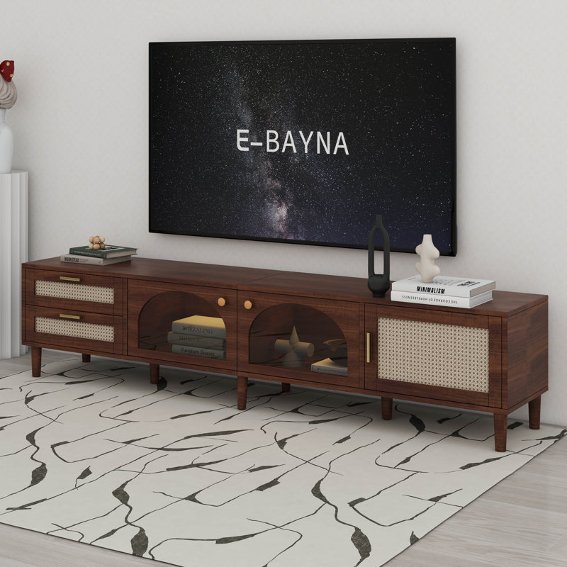 Rattan Tv Stand, Brown Boho Tv Stand With Led Lights & 2 Drawers, Arched Doors & Cabinets Storage