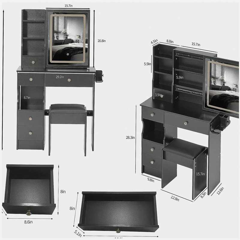 29.2" Small Size Left Drawer Desktop Vanity Table + Cushioned Stool, 2 AC+2 USB Power Station, Hair dryer bracket, Extra Large Touch Control Sliding LED Mirror, Tri-color Switching, Brightness Adjust