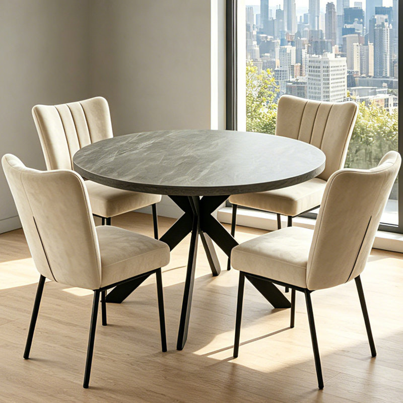 Bourke Round Modern Kitchen Dining Table Set with Dining Chairs, White, 3 Pieces: Table, 4 Chairs