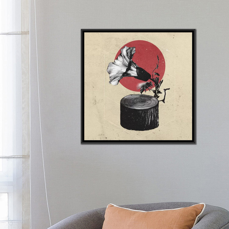« gramophone », impression sur toile tendue, H 37 po x l 37 po x P 1,5 po, Toile avec cadre noir, Pas de tapis