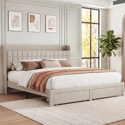 Upholstered Bed Frame with 2 Footboard Drawers and Storage Platform