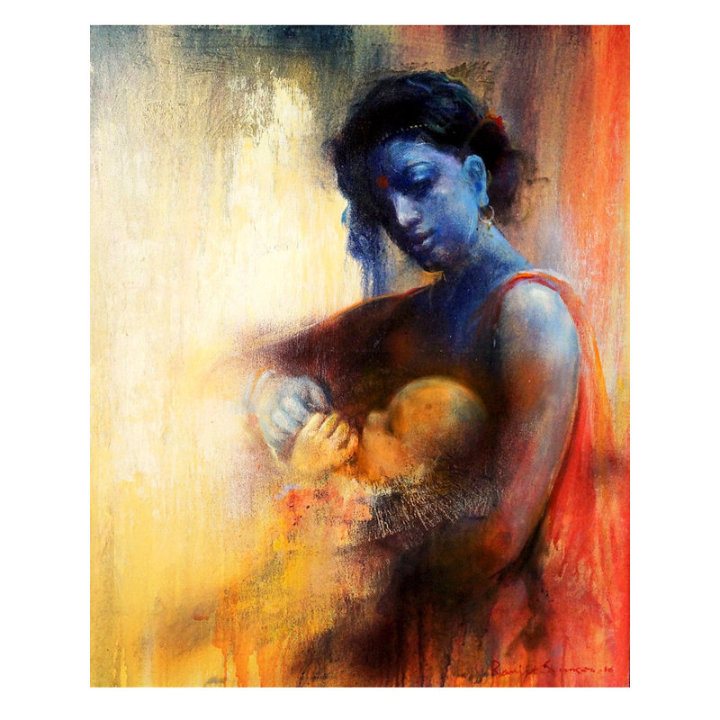 La mère bleue qui porte un enfant | Acrylique sur toile | Décoration murale