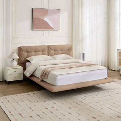Queen Size Bed Frame With Led Lights, Khaki Pu Leather Floating Platform Bed, Button - Design, Comfortable , Quiet And , Six Color Remotely Operated No Box Spring, Easy Assembly, Remote Controlled