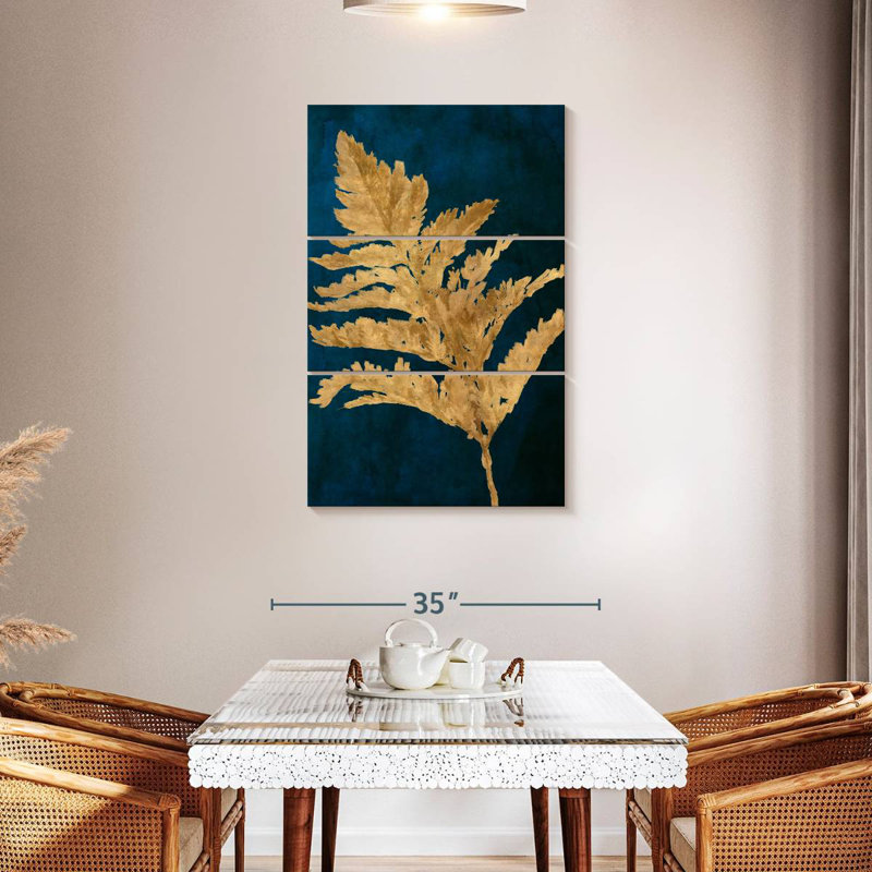 Harnek, feuilles d'or sur bleu marine I, H 45 po x l 28 po