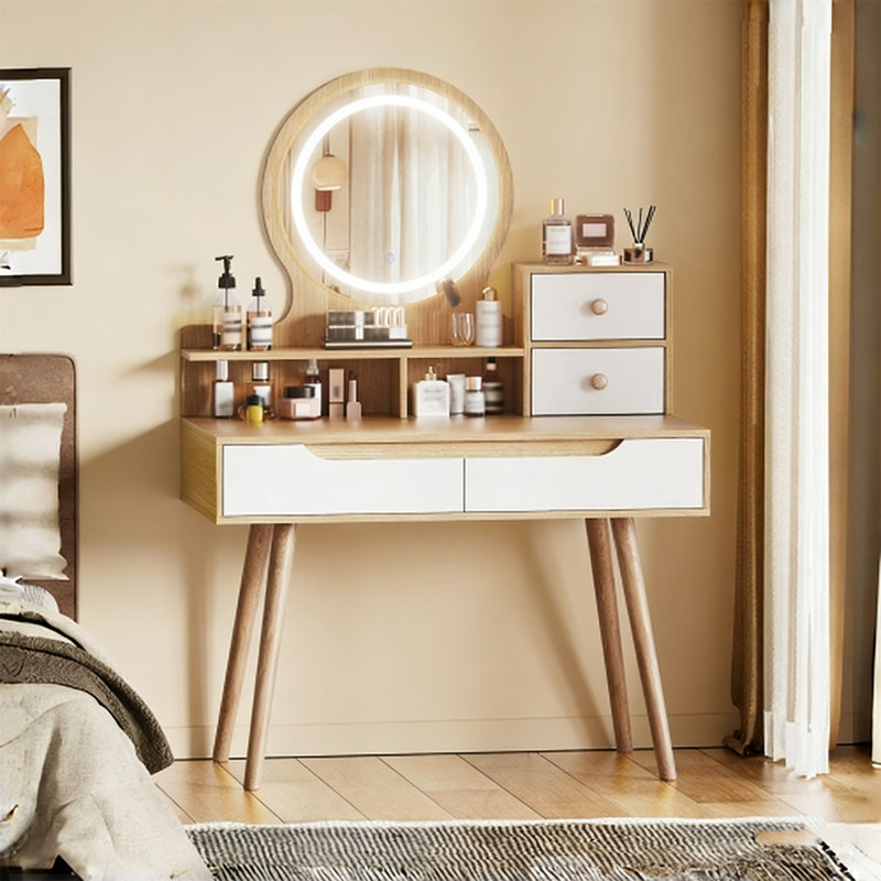 Petit bureau de maquillage avec miroir et lumières DEL réglables, prise de courant intégrée, rangement dissimulé, tabouret et tablette rembourrés, coiffeuse pour petites chambres, blanc