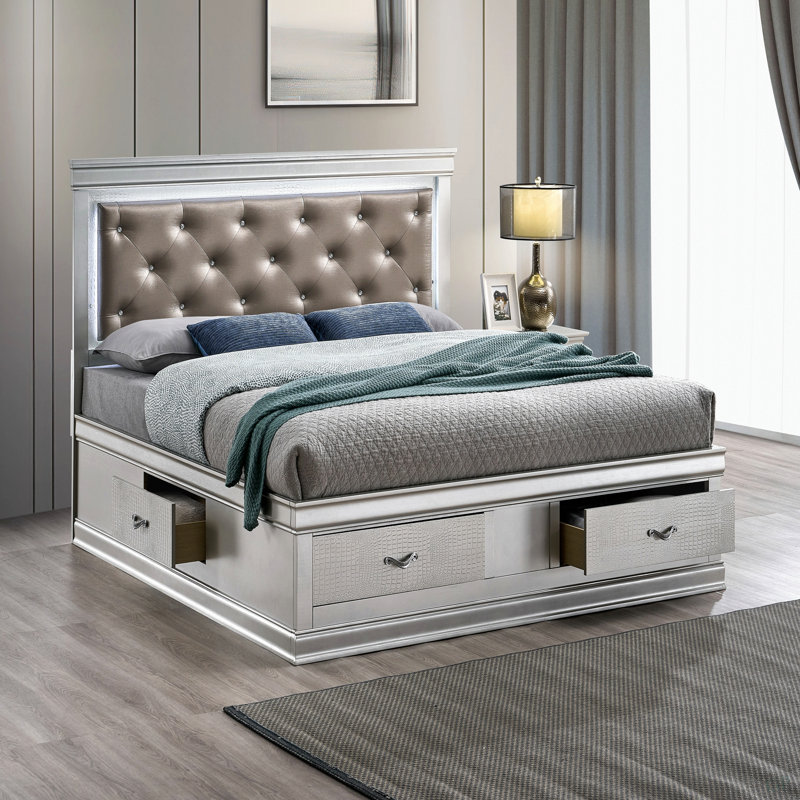 Lit plateforme tapissier avec rangement (matelas non inclus), Argent, Lit double