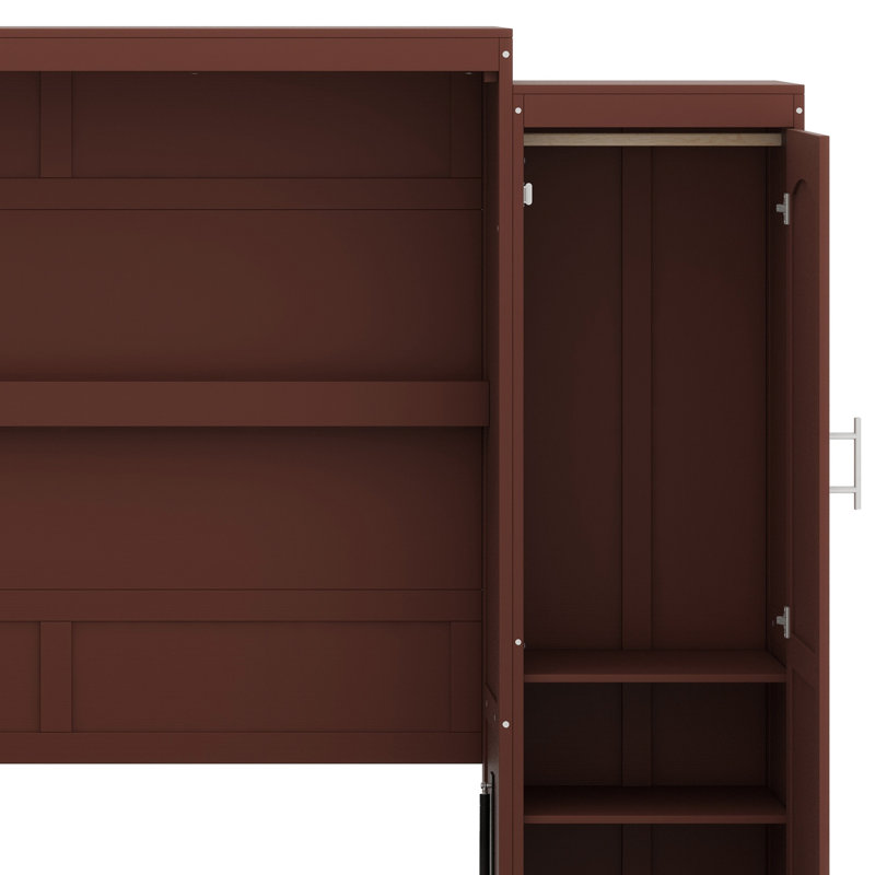 Lit escamotable en bois avec 2 garde-robe et tablette de rangement, Noyer