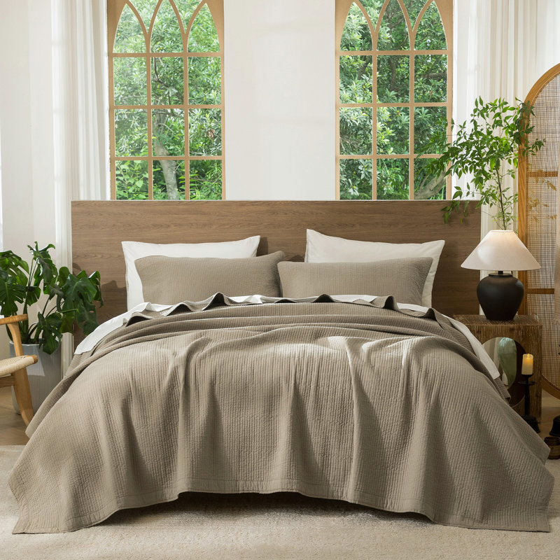 MooMee Lightweight Quilt Set 100% Washed Cotton Linen-Like Stripe Stitch Breathable All-season , Mocha Brown