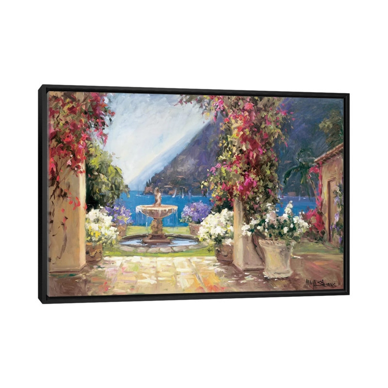 « seaside fontaine », reproduction sur toile, H 18 po x l 26 po x P 1,5 po, Toile avec cadre noir, Pas de tapis