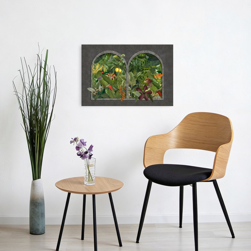 Perroquets de la jungle - Illustration abstraite d'oiseaux et de fruits de la forêt, H 16 po x l 24 po