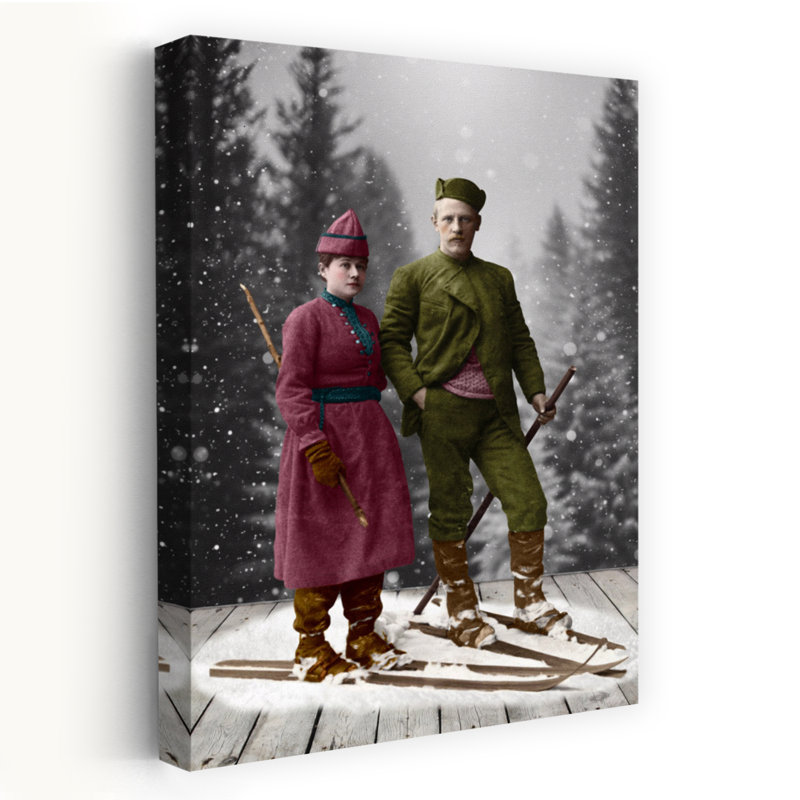 «Vintage Ski Couple», reproduction d'art rétro classique sur une montagne, H 48 po x l 32 po