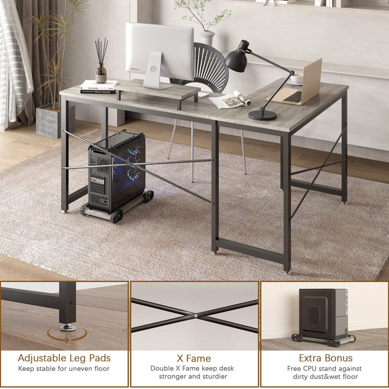 L-Shaped Metal Base Writing Desk, Grey