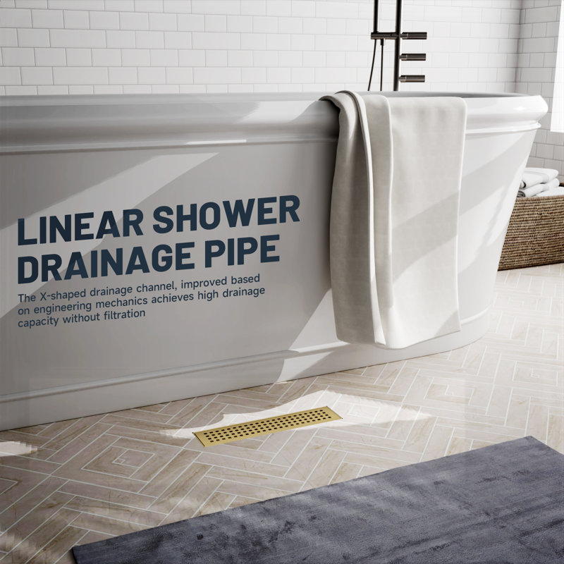 12 In. Stainless Steel Linear Shower Drain With Square Pattern Drain Cover In Brushed Nickel, Brushed Gold