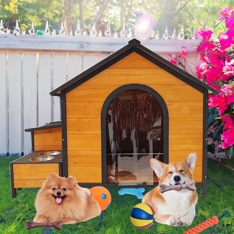 Weather-Resistant Wooden Dog House with Built-In Porch