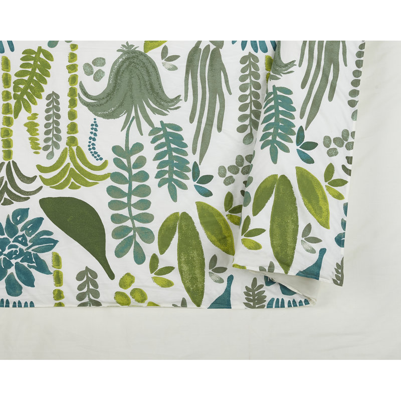 Jardin 100% Cotton Botanical Duvet Cover Set – Boho Tropical Green/Blue Leaf Print Bedding, King Duvet Cover + 2 Shams