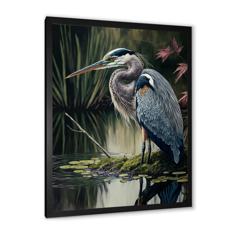 Héron au bord de la rivière - Impression sur toile, Cadre noir, H 20 po x l 12 po x P 1 po