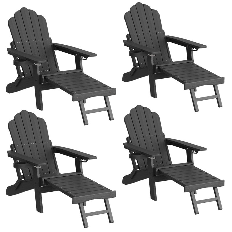 4pcs Folding Adirondack Chair with Retractable Ottoman and Cup Holder Adjustable Adirondack Chair with Footrest Set, Black
