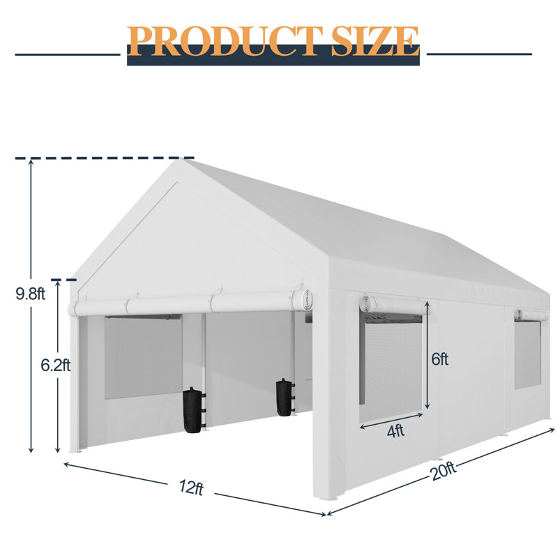 12 Ft. W x 20 Ft. D Carport Heavy Duty Garbage, White