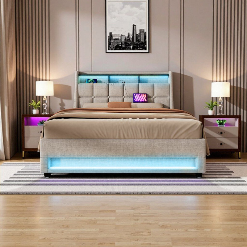 Grand lit plateforme tapissier avec rangement hydraulique, lumières DEL et chargement USB - Naturel, Naturel