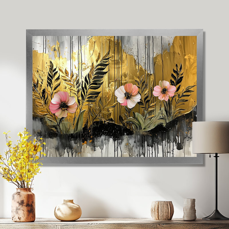 Or tropical, danse des coquelicots I - coquelicots, art mural, H 34 po x l 44 po, Cadre flottant, Argent argent
