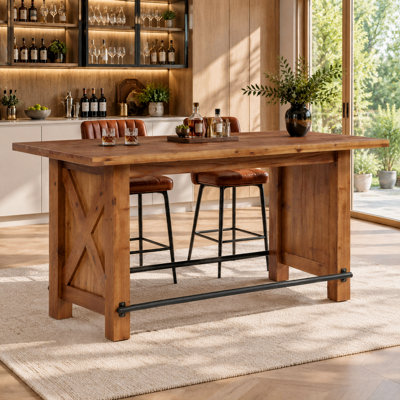 63'' Solid Wood Bar Table with Carved Legs, Farmhouse Gathering Pub Table