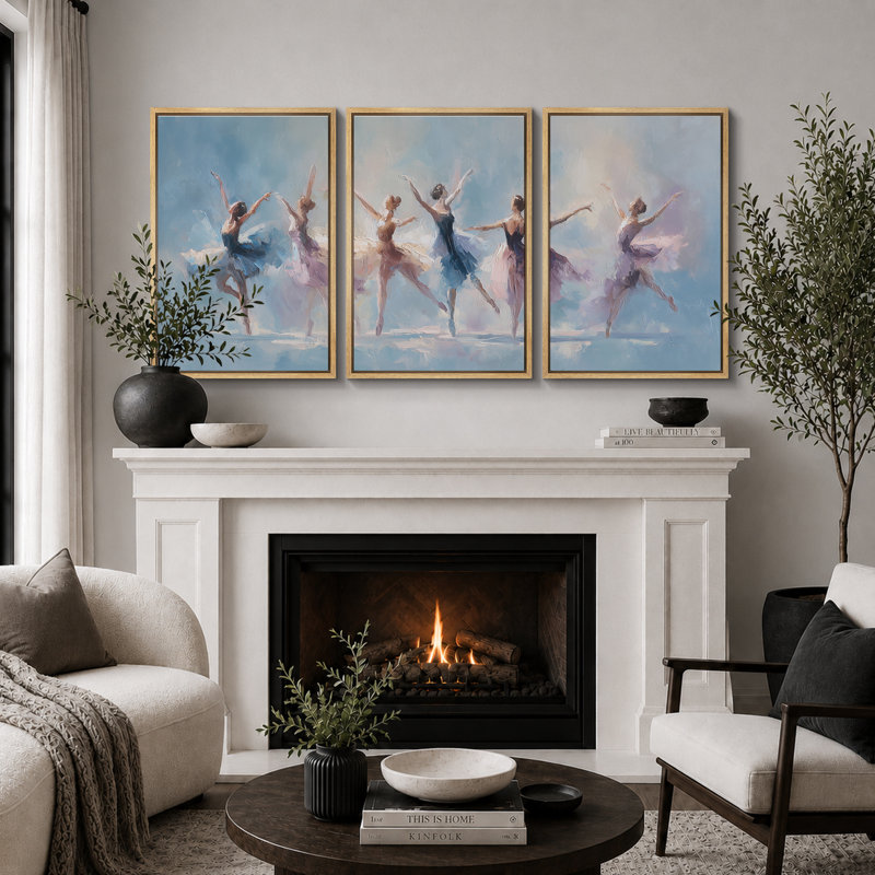«Elegant Ballet Dancers In Soft Blue», art de chambre à coucher, impression sur toile encadrée, 3 pièces, Cadre naturel