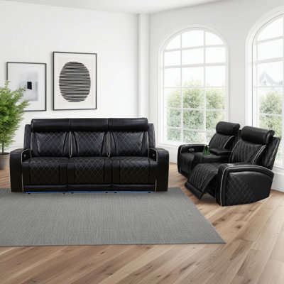 2-Piece Power Recliner Sofa Set With Console & Fold-Down Table - Black Breathable Leather Sectional With 4 Electric Recliners, USB Charging & LED Lighting