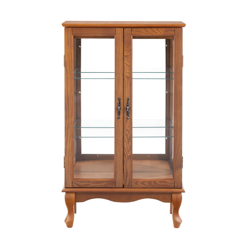 2 Doors Curio Cabinet With Lighted Interior, Tempered Glass Doors, Mirrored Back, Adjustable Shelves, Oak Color For Living Area Elegant - Back Built-In Home