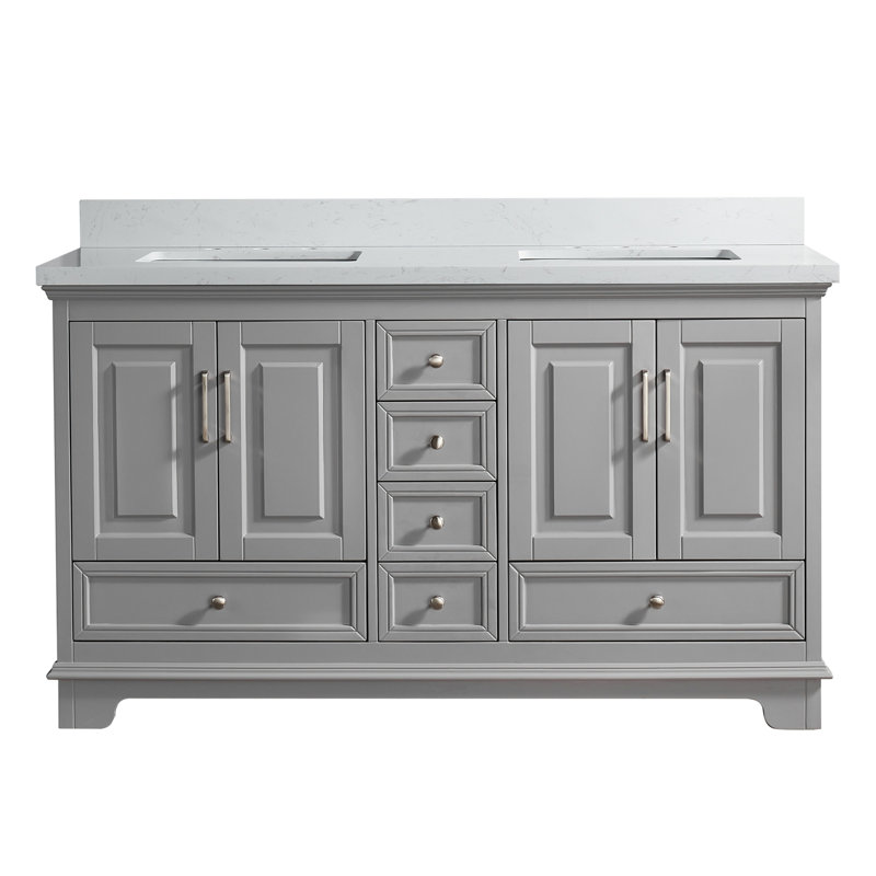 Meuble-lavabo double 60 po avec pierre artificielle, Gris
