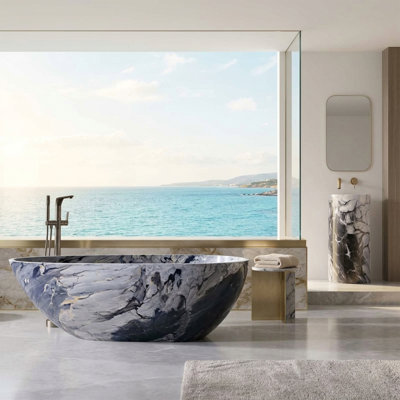 59" Egg Shape Ink Marble Freestanding Solid Surface Bathtub