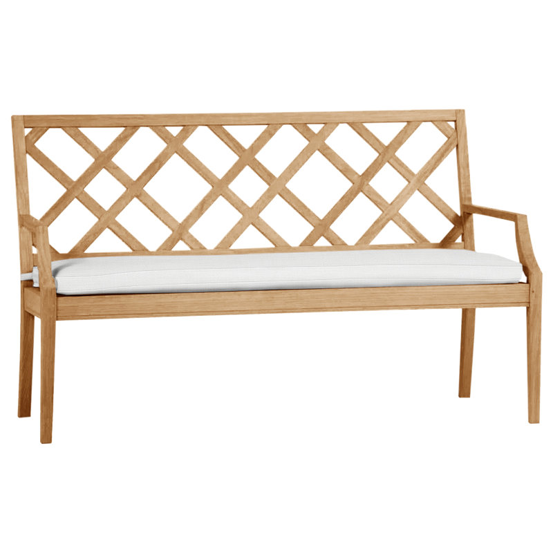 Haley Teak Garden Bench, No Welt, Natural Teak, Rollo Lace InsideOut® Linen